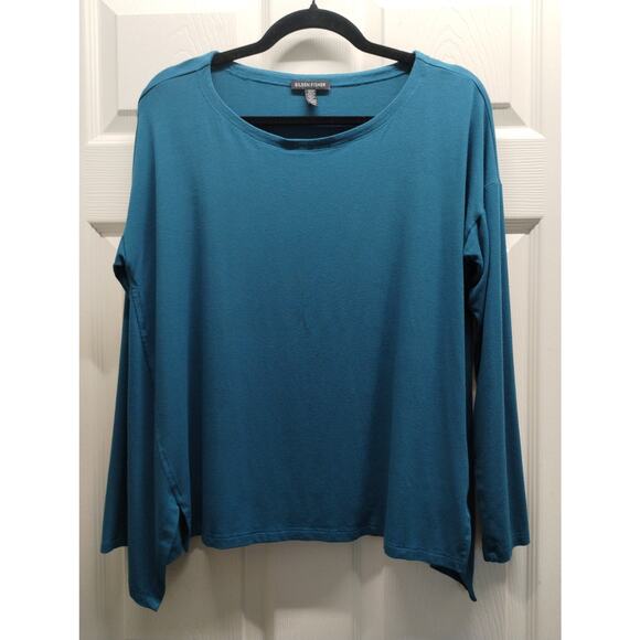 Eileen Fisher Size Medium Blue Jersey Stretch Asymmetric Hem Long Sleeve Top - Picture 1 of 5